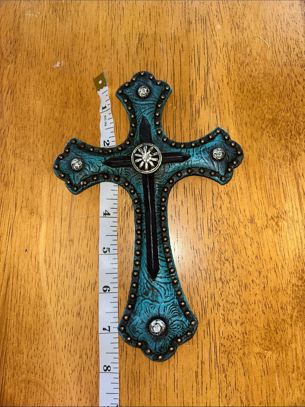 Decorative Turquoise Wall Cross with Rhinestone Accents